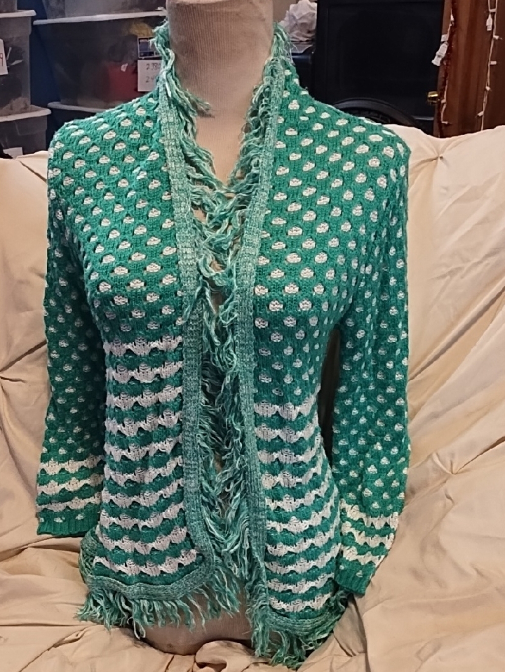 No Label Green and White Knit Fringe Cardigan Sweater